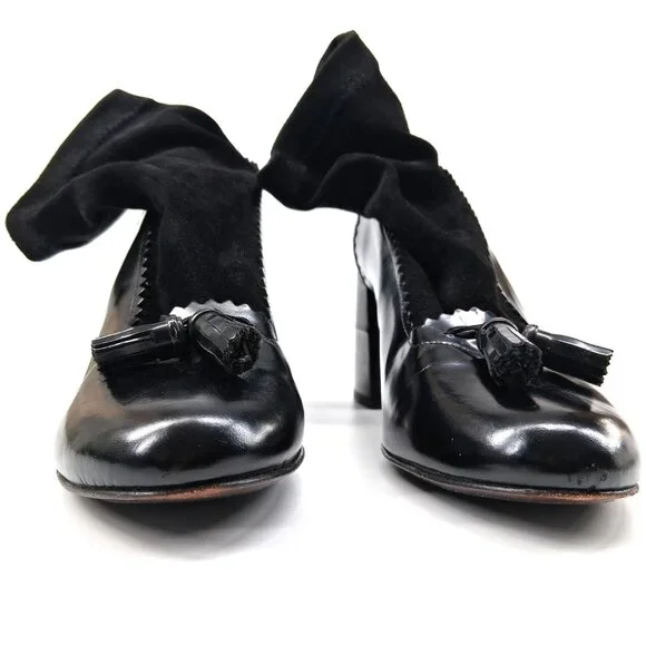 Robert Clergerie Paris Black Leather Sock Boot Heels Tassel Scallop Y2K SZ 7 - Picture 7 of 16